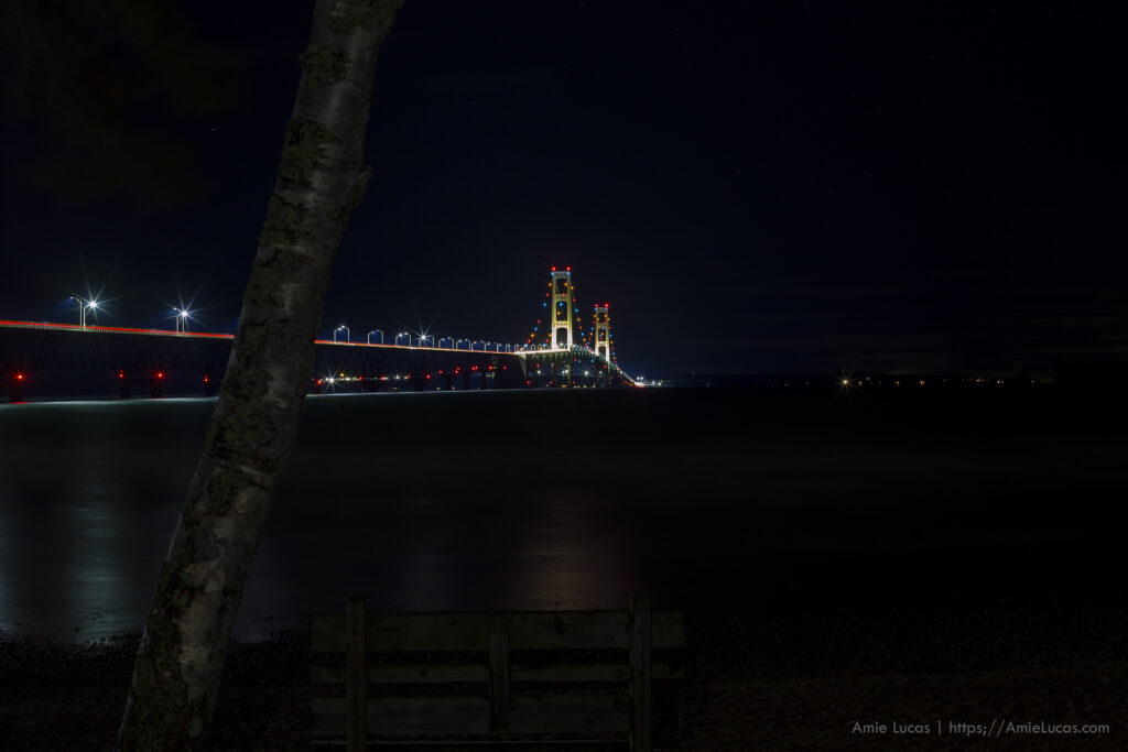 Mackinac Bridge lit up at night